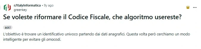 Screenshot di discussione Reddit sulla riforma dell'algoritmo del codice fiscale italiano