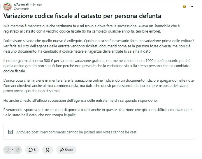 Screenshot di discussione Reddit sulla variazione del codice fiscale al Catasto per una persona deceduta
