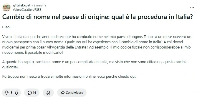Screenshot della discussione Reddit sul cambio di nome nel paese d'origine e l'aggiornamento del codice fiscale