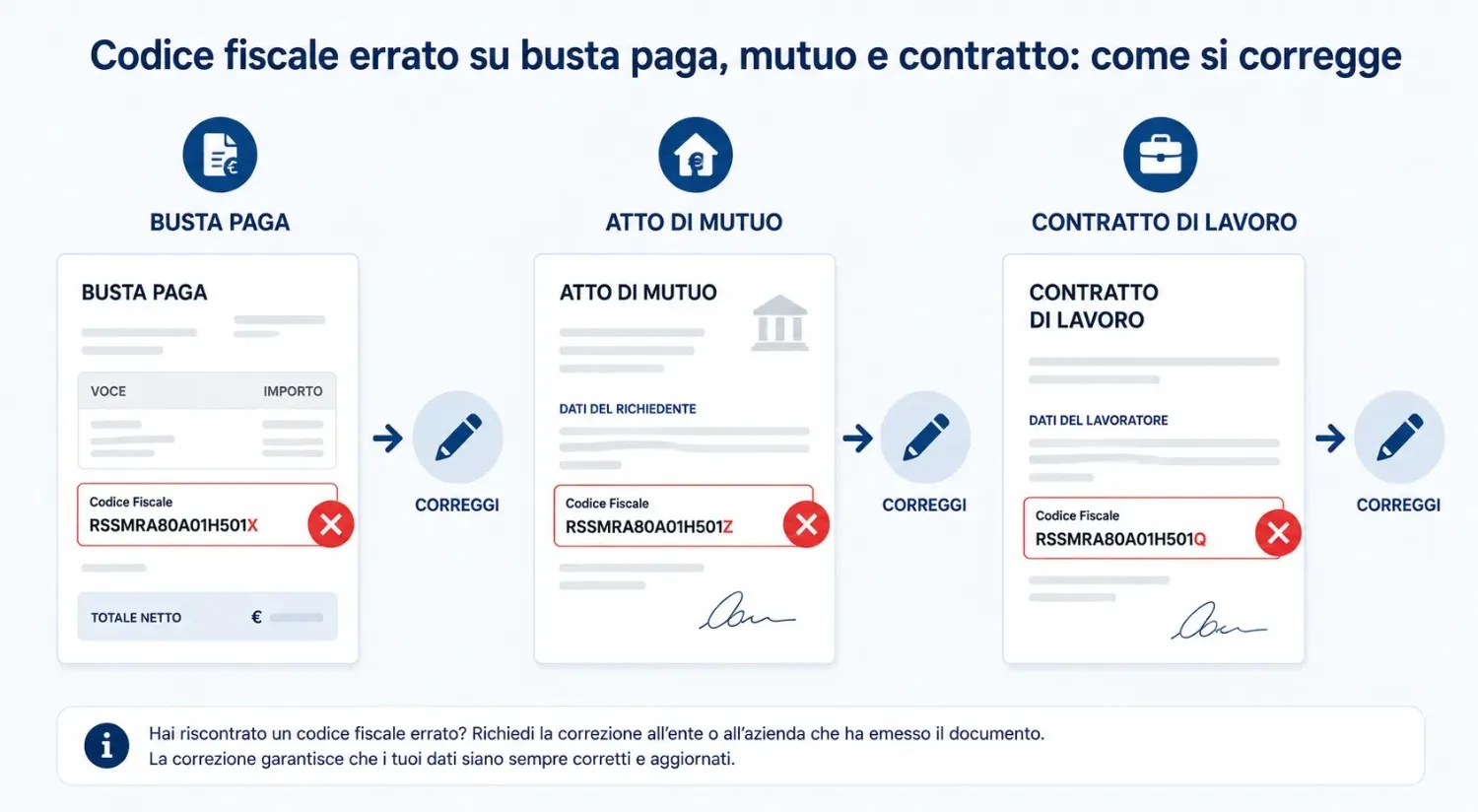 Codice fiscale errato su busta paga, mutuo e