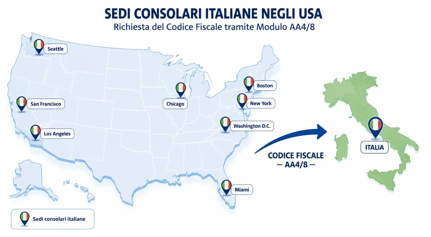 Mappa delle sedi consolari italiane negli USA per la richiesta