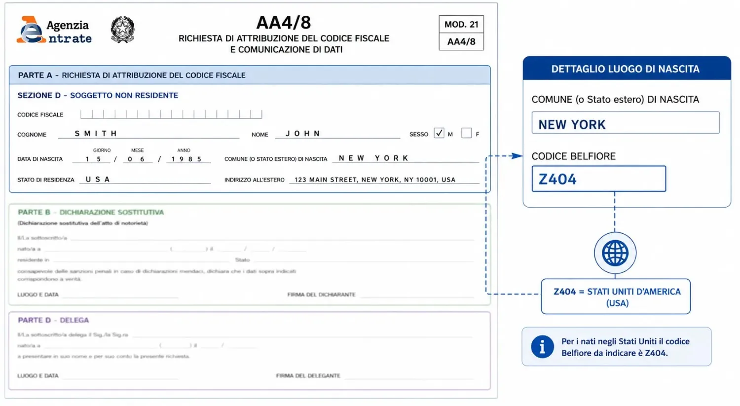 Modulo AA4 8 compilato per cittadino americano non residente con Z404 nel