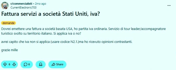 Screenshot della discussione Reddit sulla fatturazione di servizi a società statunitensi e sugli adempimenti IVA