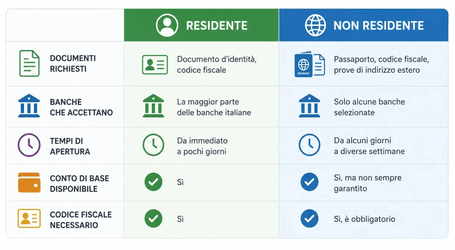 Confronto tra apertura conto corrente italiano per