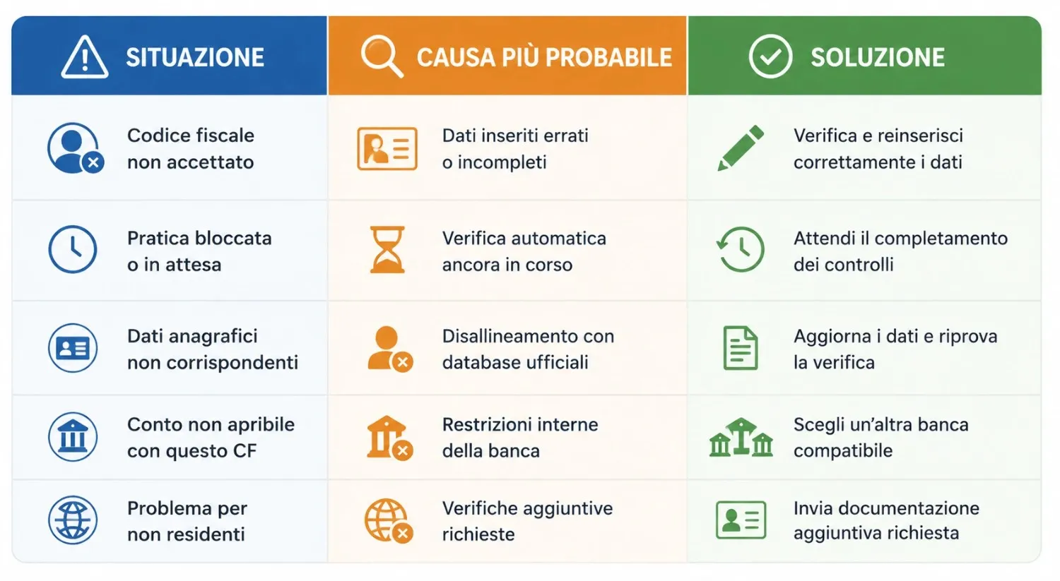 Tabella di diagnosi dei problemi del codice fiscale