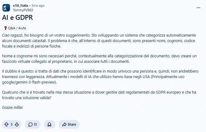 Screenshot di discussione Reddit su AI, GDPR e documenti contenenti dati personali