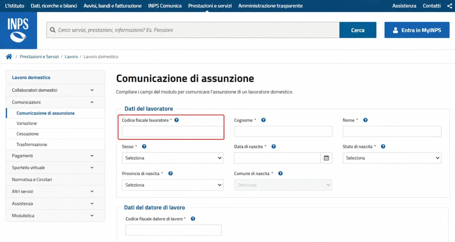Portale INPS lavoro domestico campo codice fiscale lavoratore nella