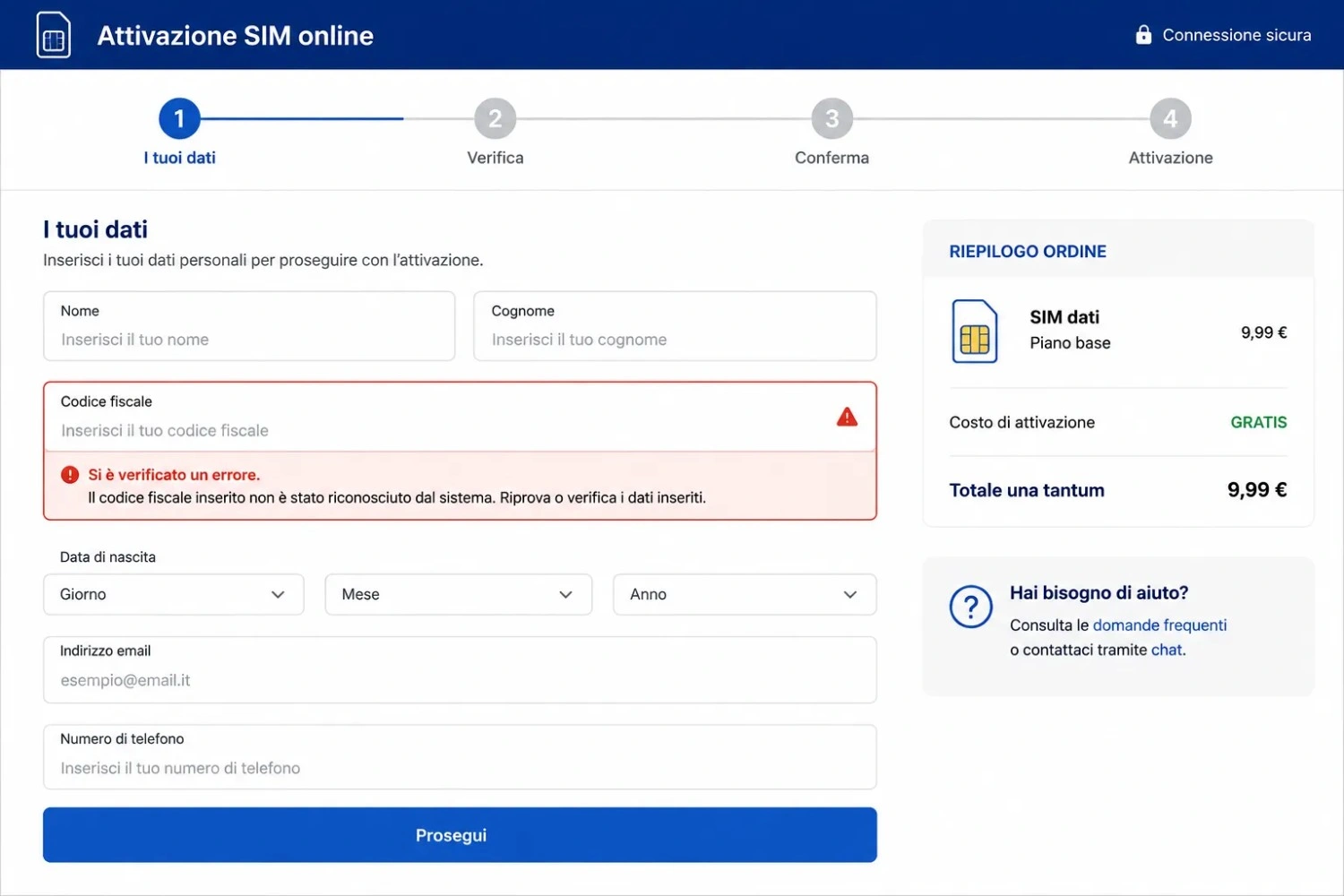 Esempio di errore durante l'attivazione SIM