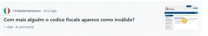 Screenshot di discussione Reddit sul codice fiscale segnalato come non valido durante la registrazione