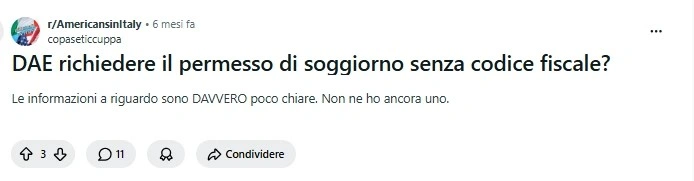 Screenshot della discussione Reddit sulla richiesta del permesso di soggiorno senza codice fiscale