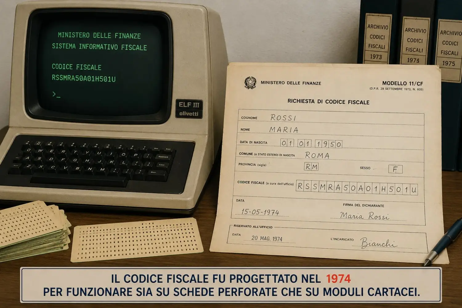 Terminale informatico anni 70 e modulo fiscale cartaceo