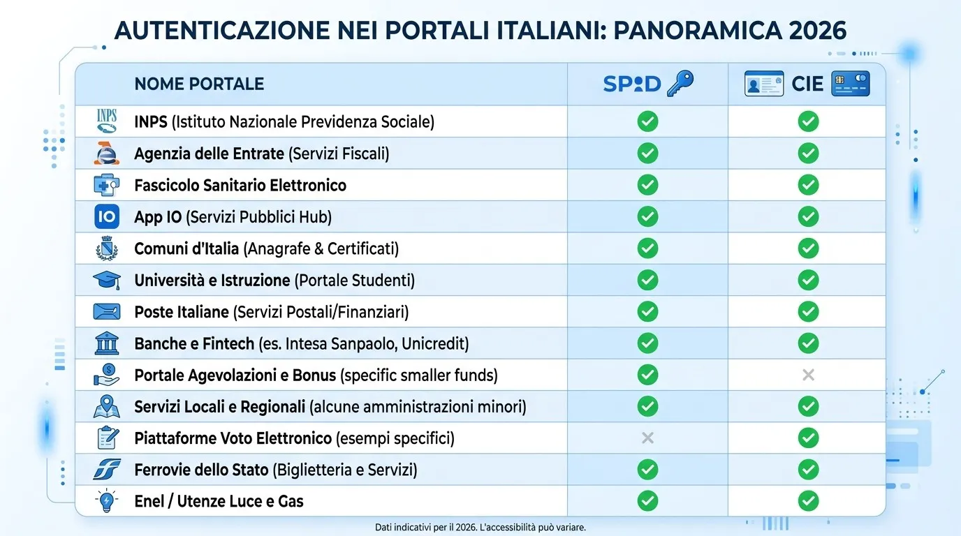 Tabella dei principali portali italiani e metodi di autenticazione
