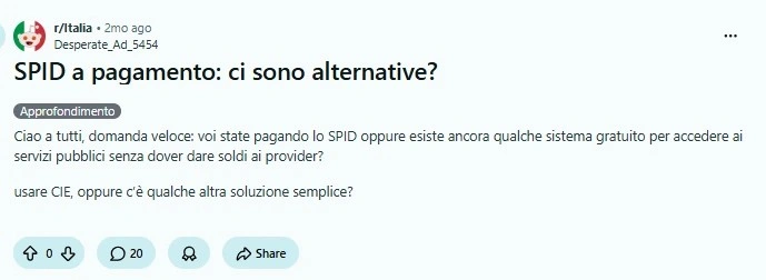 Screenshot della discussione Reddit sulle alternative gratuite a SPID a pagamento