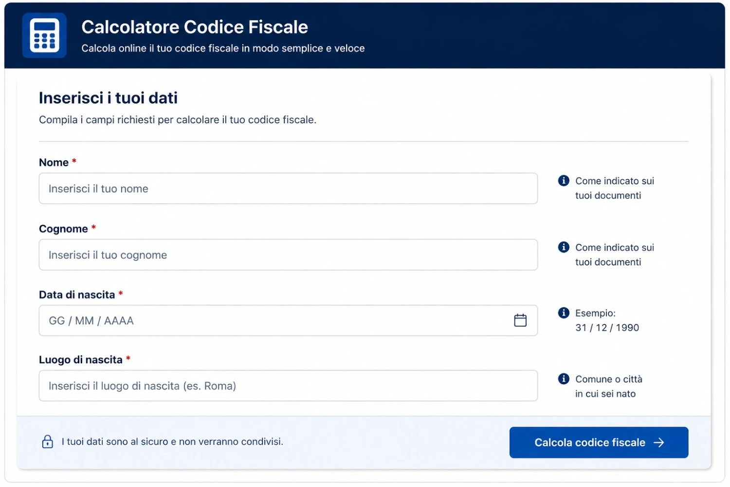 Interfaccia del calcolatore del codice fiscale