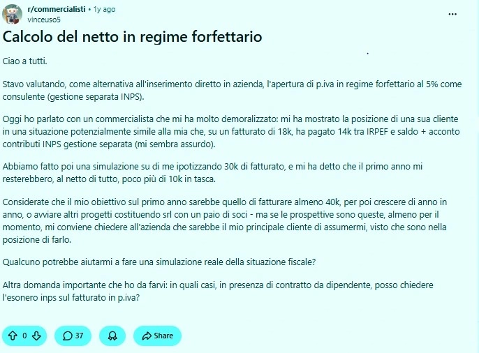 Post Reddit sul calcolo del reddito netto nel regime forfettario con domande su IVA, INPS e tassazione