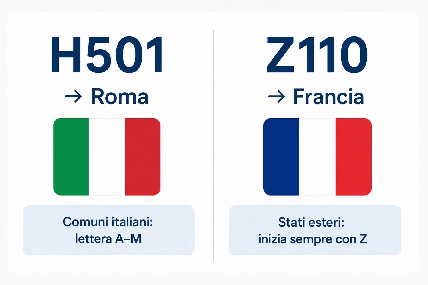 Differenza tra codice Belfiore comune italiano H501 Roma e stato estero Z110 Francia