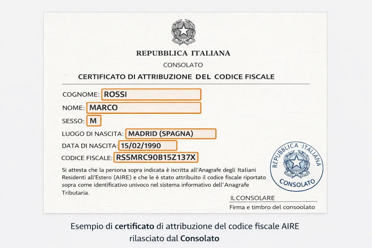 Esempio di certificato di attribuzione del codice fiscale AIRE rilasciato dal Consolato