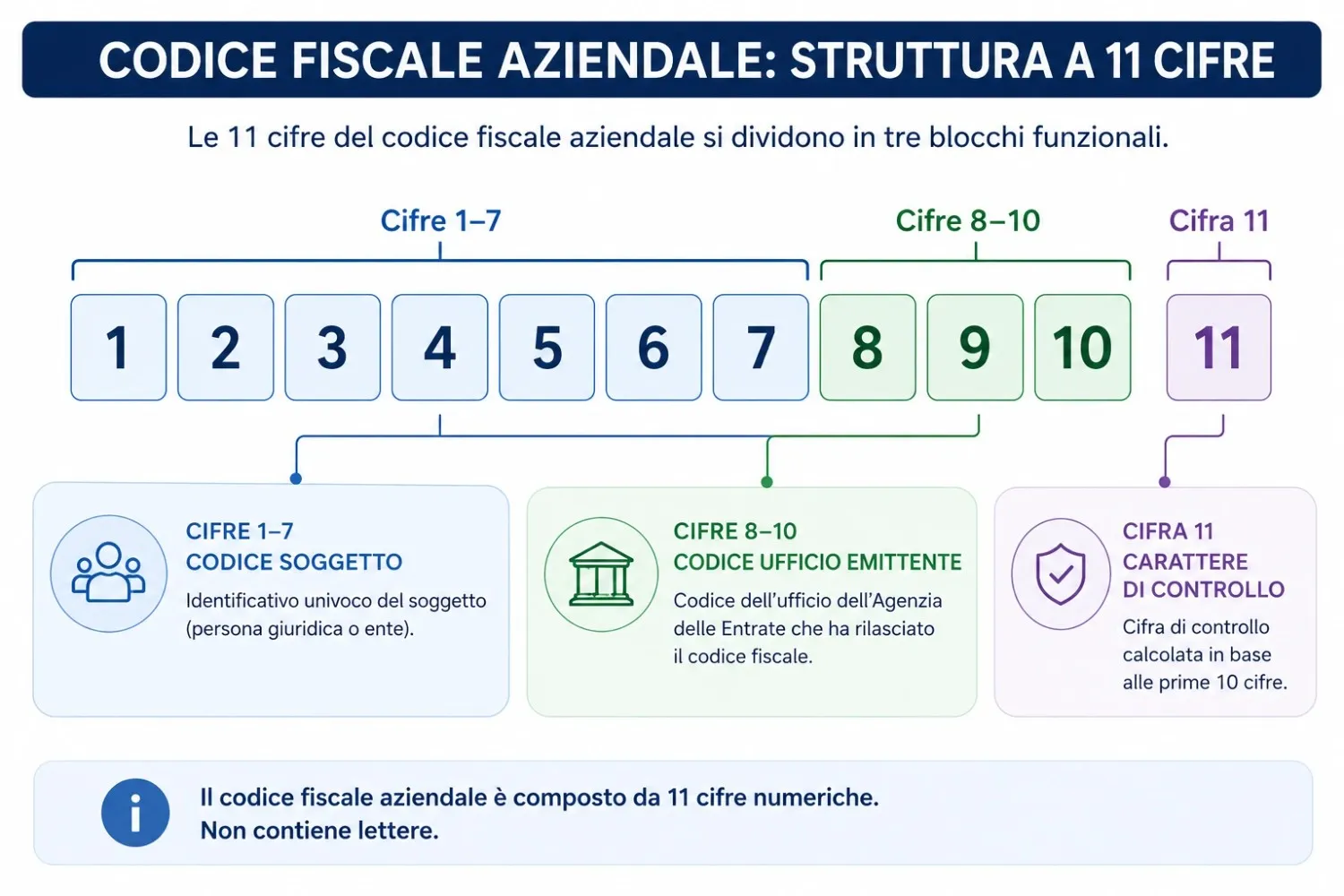 Schema struttura codice fiscale aziendale 11 cifre con tre segmenti