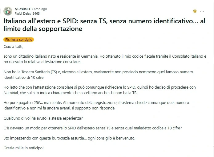 Post Reddit di un italiano residente all'estero con problemi nell'ottenere lo SPID senza tessera sanitaria