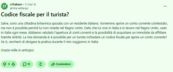 Screenshot della discussione sulla richiesta del codice fiscale per stranieri non residenti tramite consolato italiano nel Regno Unito