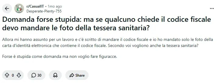 Discussione su Reddit Italia su tessera sanitaria e codice fiscale: confusione comune tra i documenti di identità