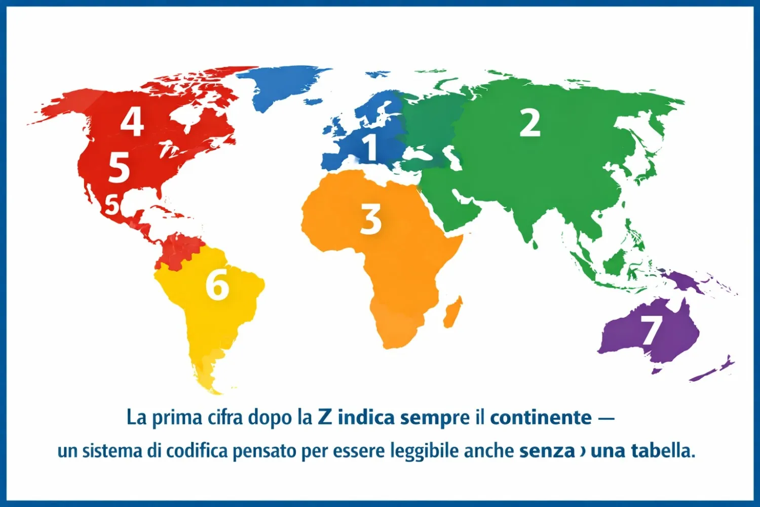 Mappa mondiale dei continenti con la numerazione del sistema Z per il codice fiscale italiano