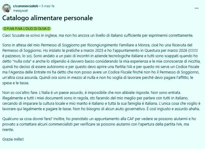 Discussione su Reddit su come richiedere il codice fiscale prima del permesso di soggiorno