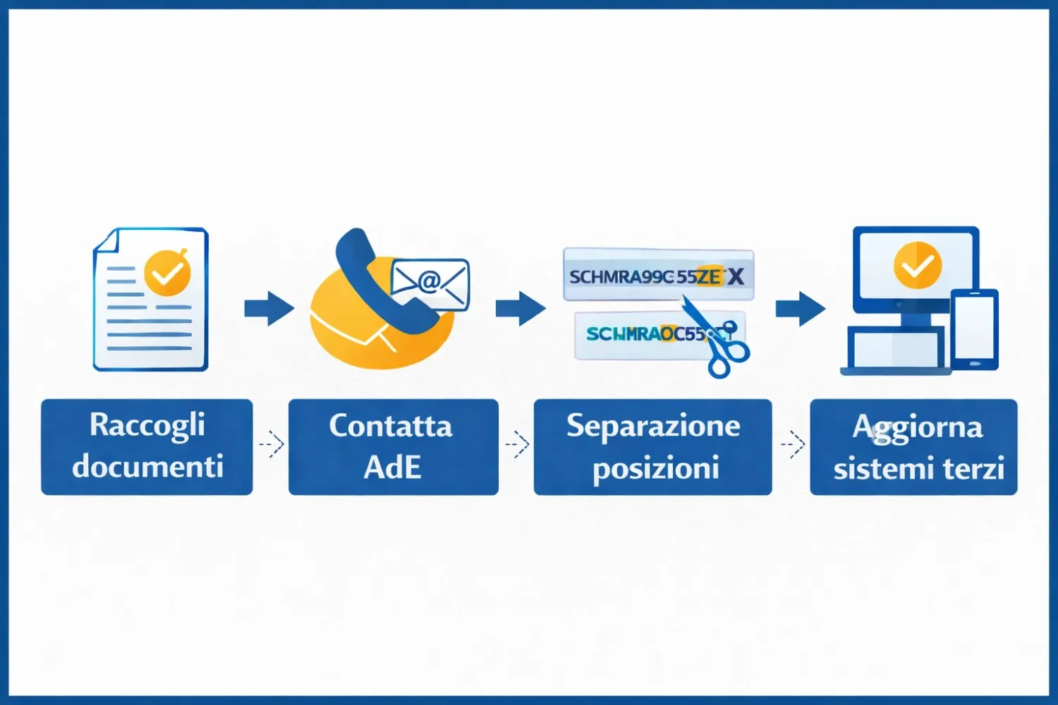 Diagramma a flusso a quattro fasi per la gestione di un codice fiscale omocodico, con icone illustrative per ogni passaggio