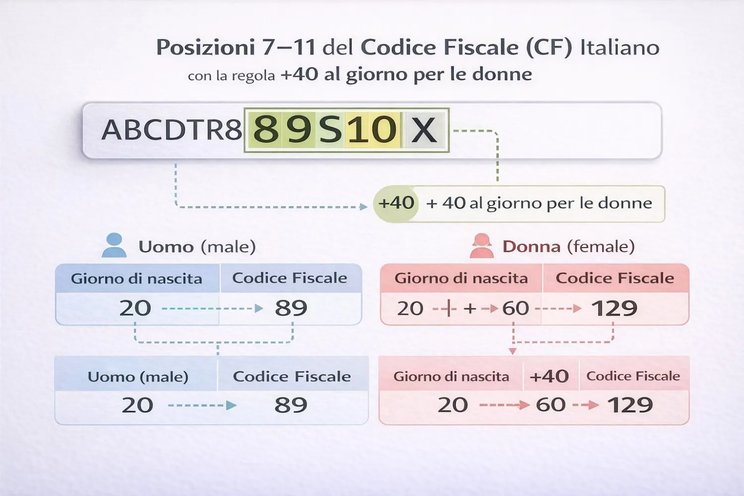 Infografica visiva delle posizioni 711 del codice fiscale italiano