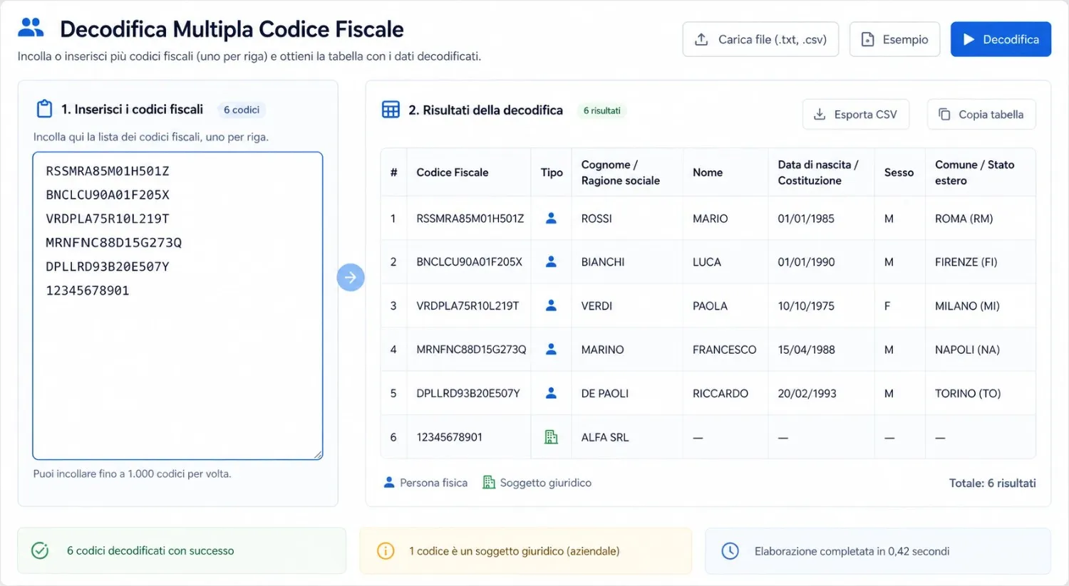 Interfaccia dello strumento batch per la decodifica del codice fiscale multiplo con output tabellare