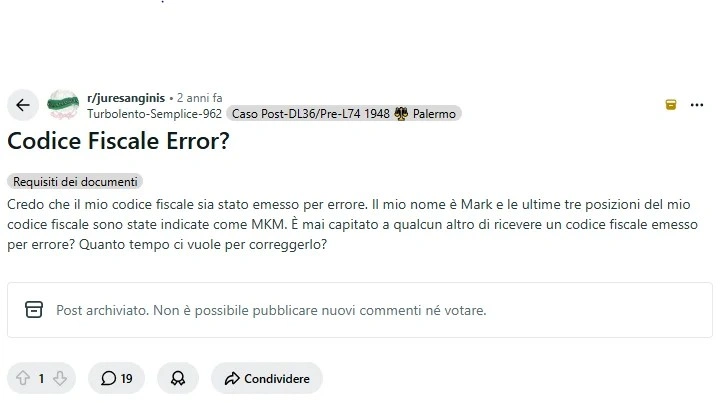 Screenshot di discussione Reddit sulla differenza tra codice fiscale ufficiale omocodico e codice calcolato online