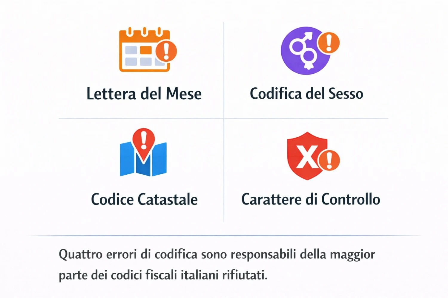 Infografica con i quattro errori più comuni nel codice fiscale italiano