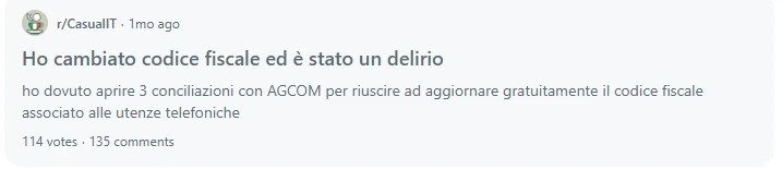 Screenshot che mostra la cascata di fallimenti sistemici innescati da un cambio di codice fiscale italiano