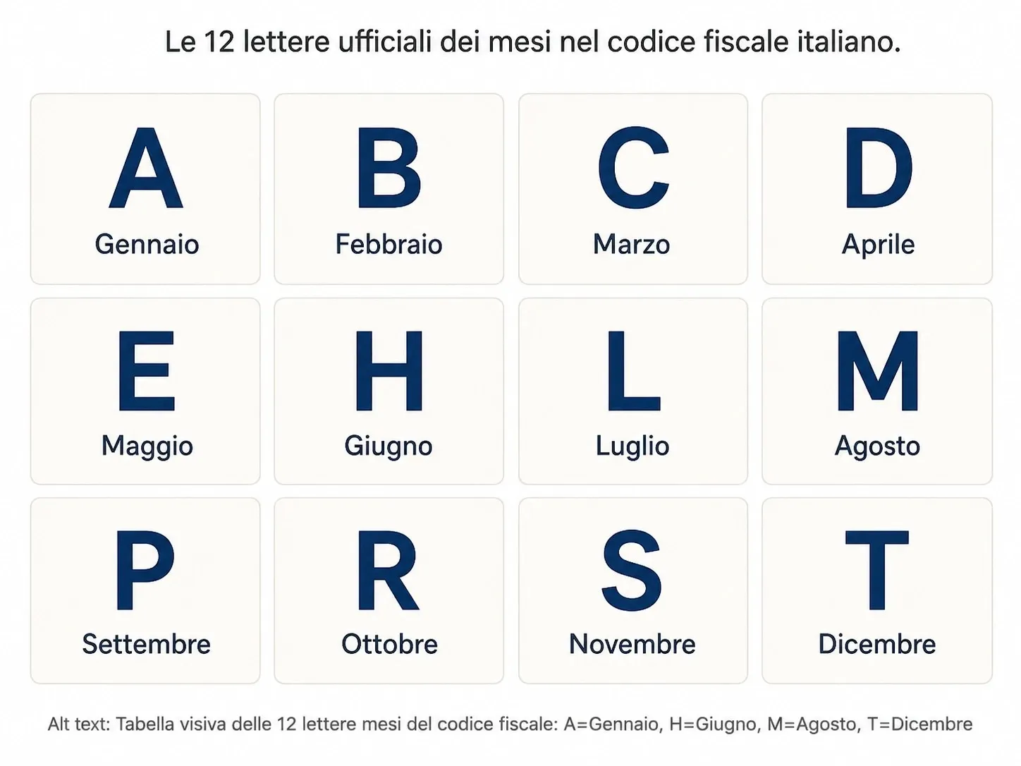 Tabella visiva delle 12 lettere dei mesi del codice fiscale