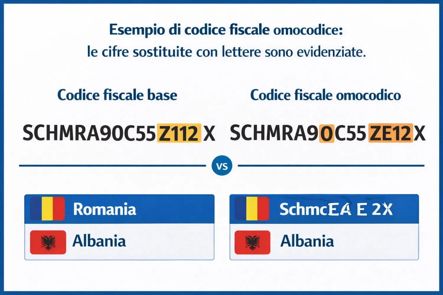 Confronto tra codice fiscale base e codice fiscale omocodico con posizioni modificate evidenziate (1)