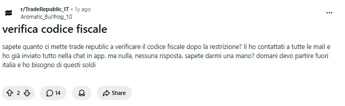 Reddit post asking for help verifying an Italian tax code after Trade Republic account restrictions