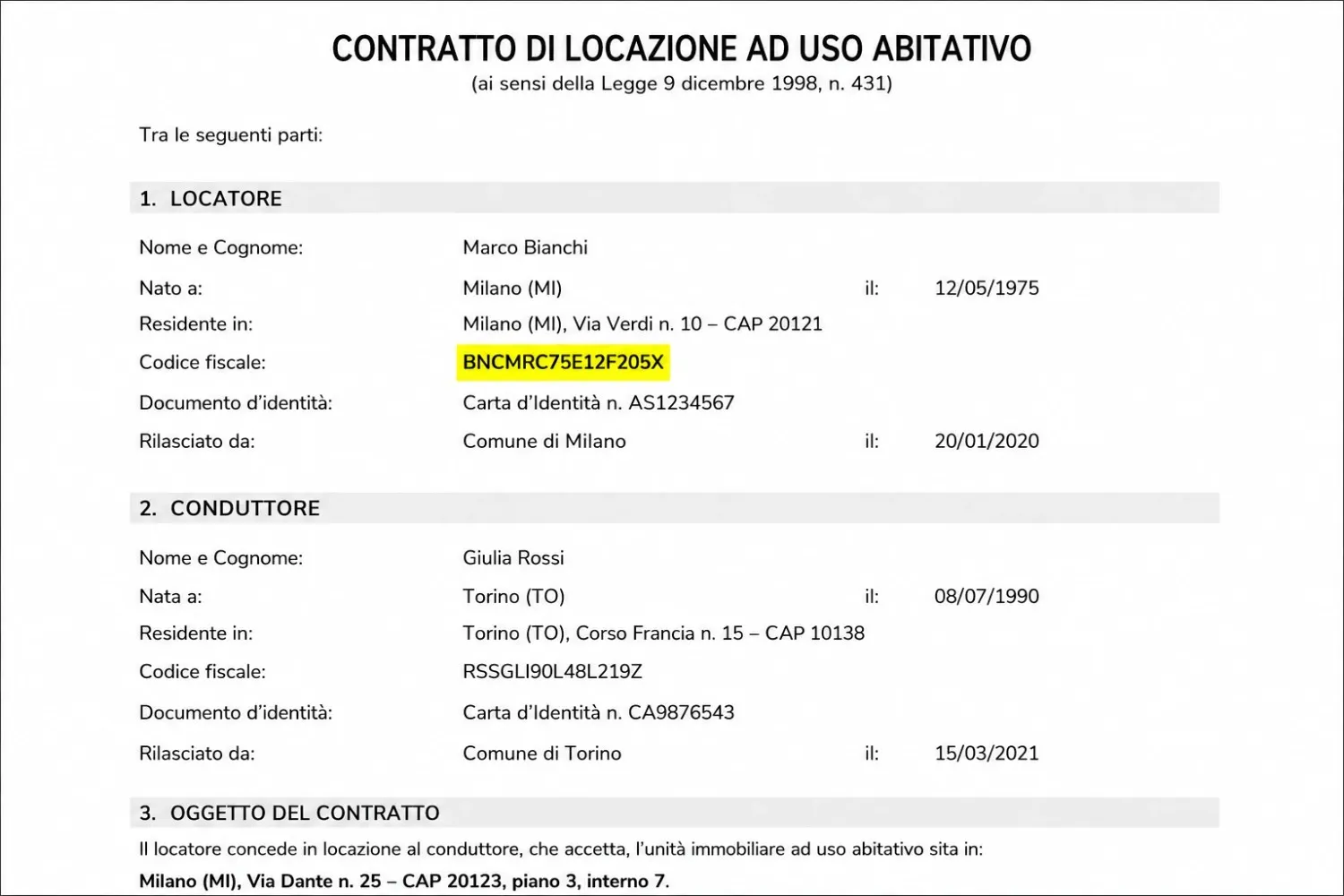 Codice fiscale evidenziato su contratto di locazione