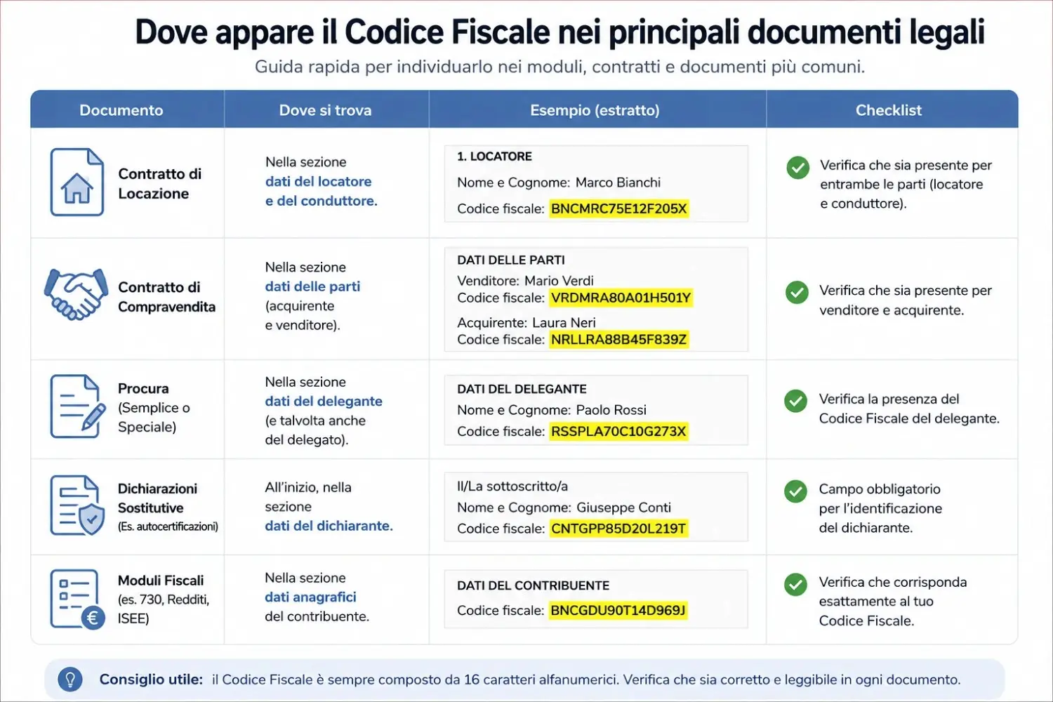 Posizione codice fiscale nei moduli legali e contratti